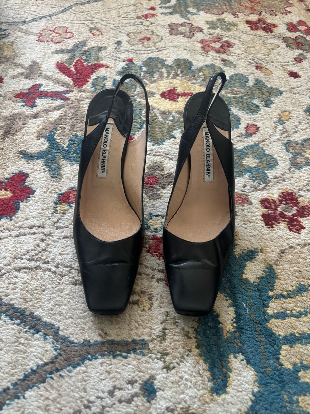 Manolo Blahnik Black Leather Square-Toe Slingback Pumps